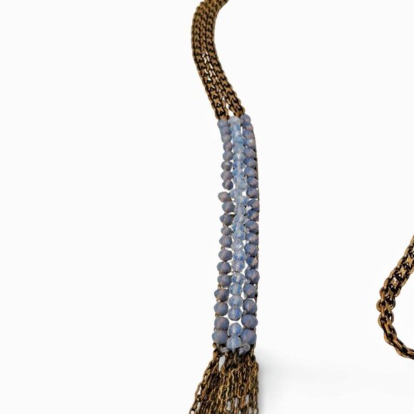 Antique Gold Tone 31”Faceted Caviar Beaded Fringe Tassel Chain Necklace JW1541 - Picture 5 of 5